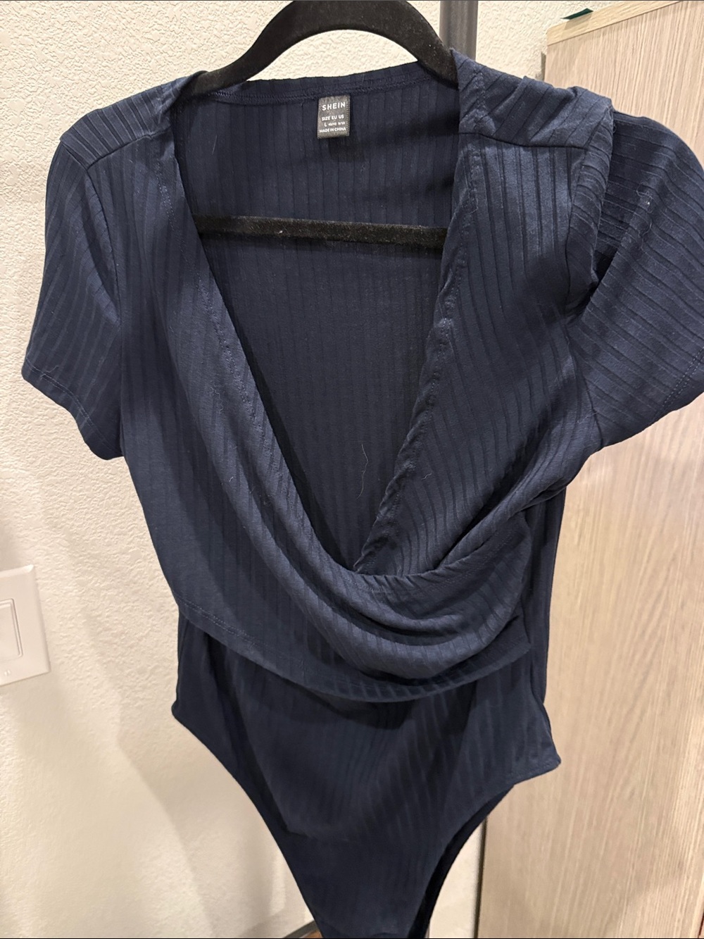 SHEIN Navy Ribbed Draped V-Neck Short Sleeve Bodysuit